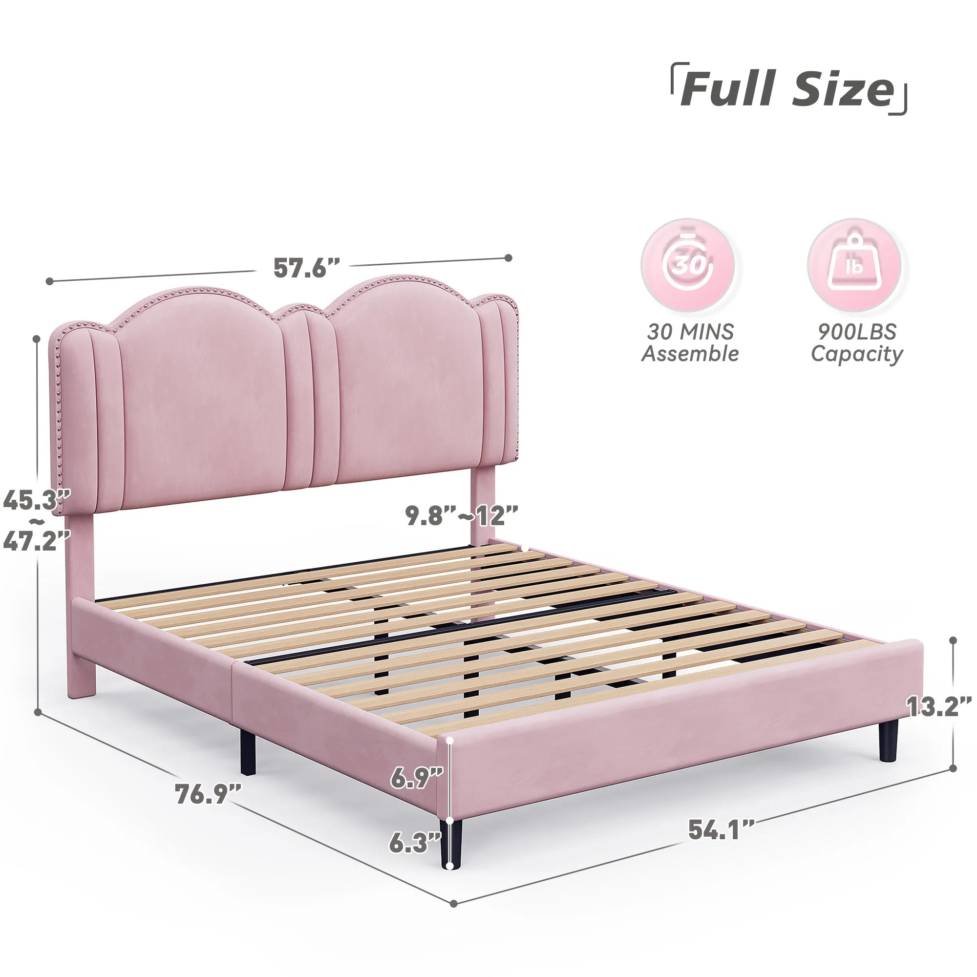 900 LBS Bed Frame with Headboard&LED Lights,Adjustable Cute Cloud Headboard,Noise Free&Easy Assembly