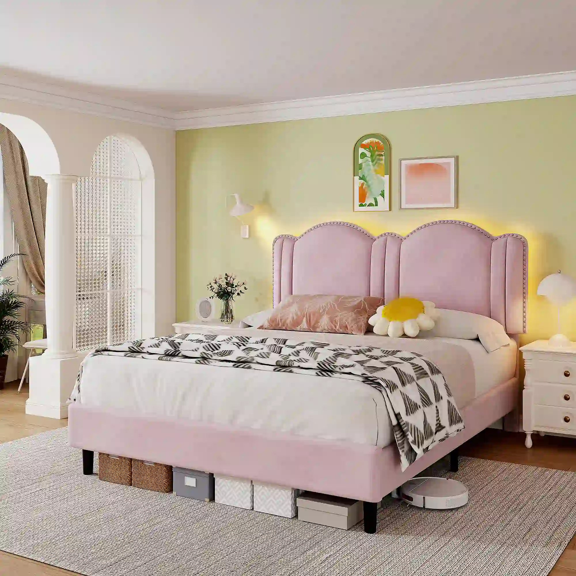 900 LBS Bed Frame with Headboard&LED Lights,Adjustable Cute Cloud Headboard,Noise Free&Easy Assembly