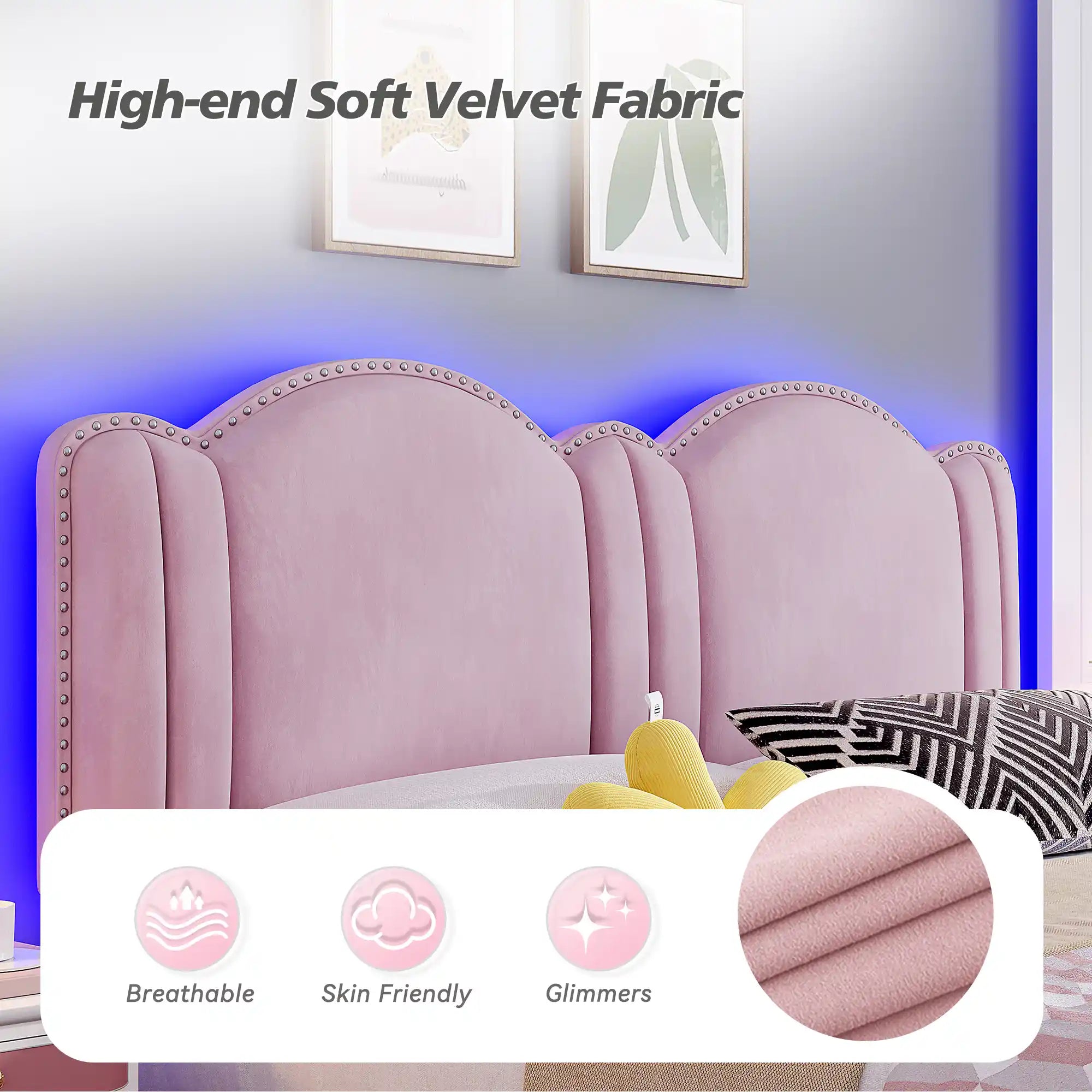 900 LBS Bed Frame with Headboard&LED Lights,Adjustable Cute Cloud Headboard,Noise Free&Easy Assembly
