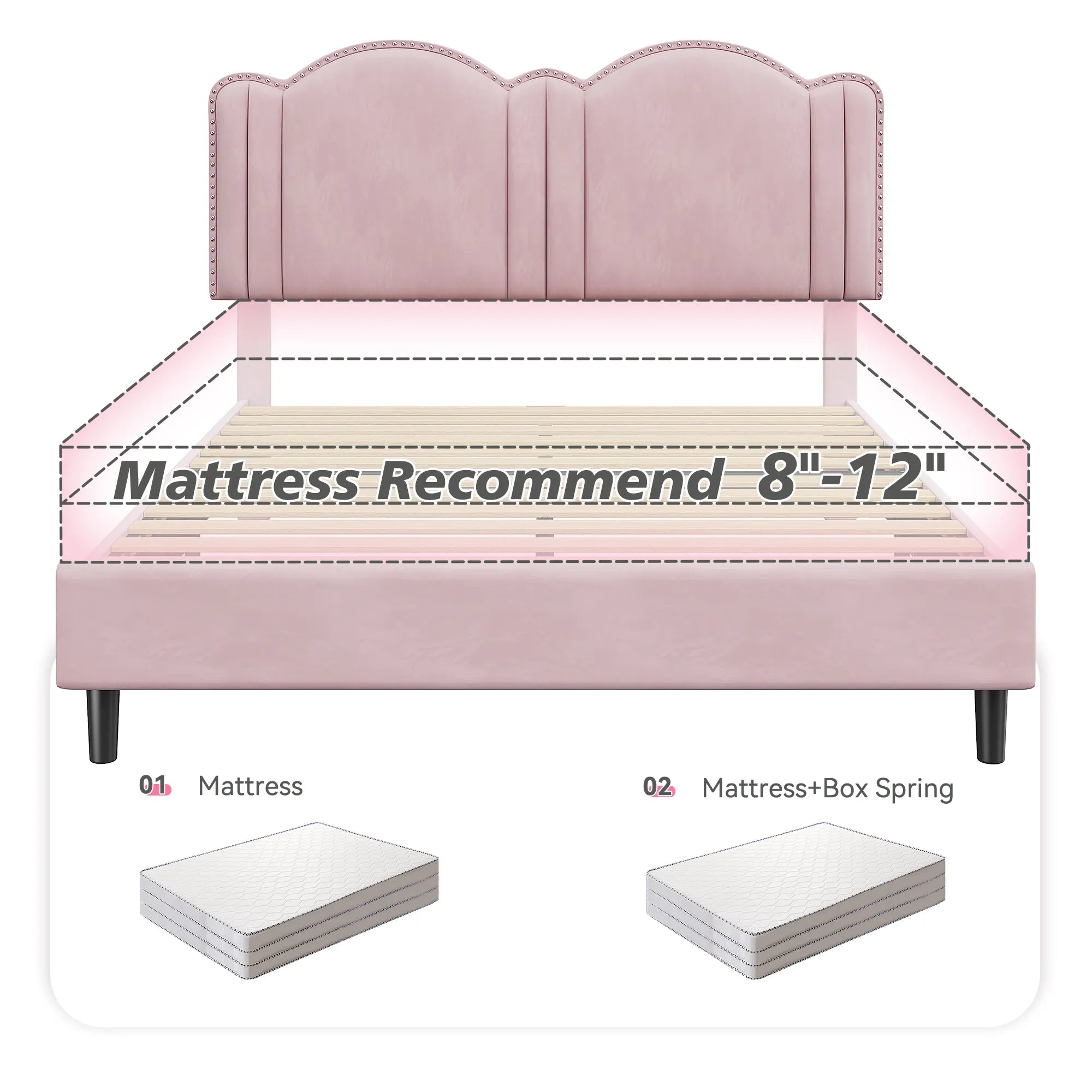 900 LBS Bed Frame with Headboard&LED Lights,Adjustable Cute Cloud Headboard,Noise Free&Easy Assembly