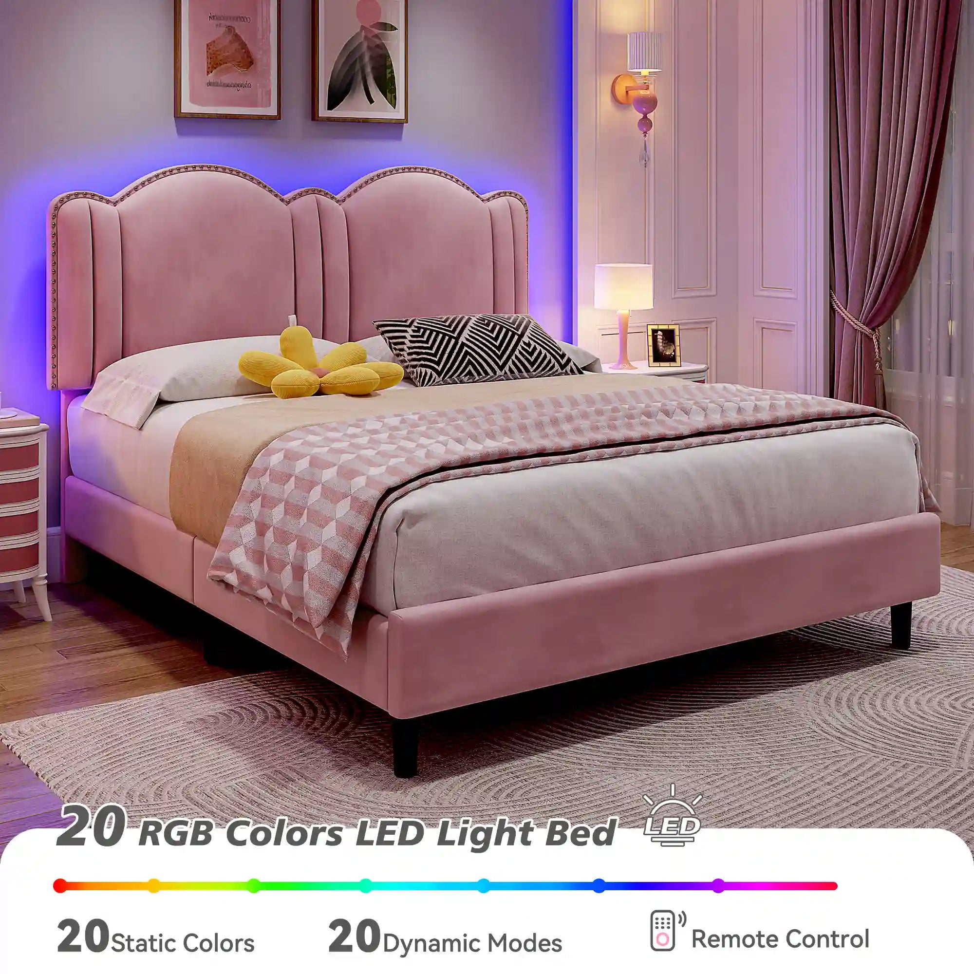 900 LBS Bed Frame with Headboard&LED Lights,Adjustable Cute Cloud Headboard,Noise Free&Easy Assembly
