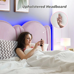 900 LBS Bed Frame with Headboard&LED Lights,Adjustable Cute Cloud Headboard,Noise Free&Easy Assembly
