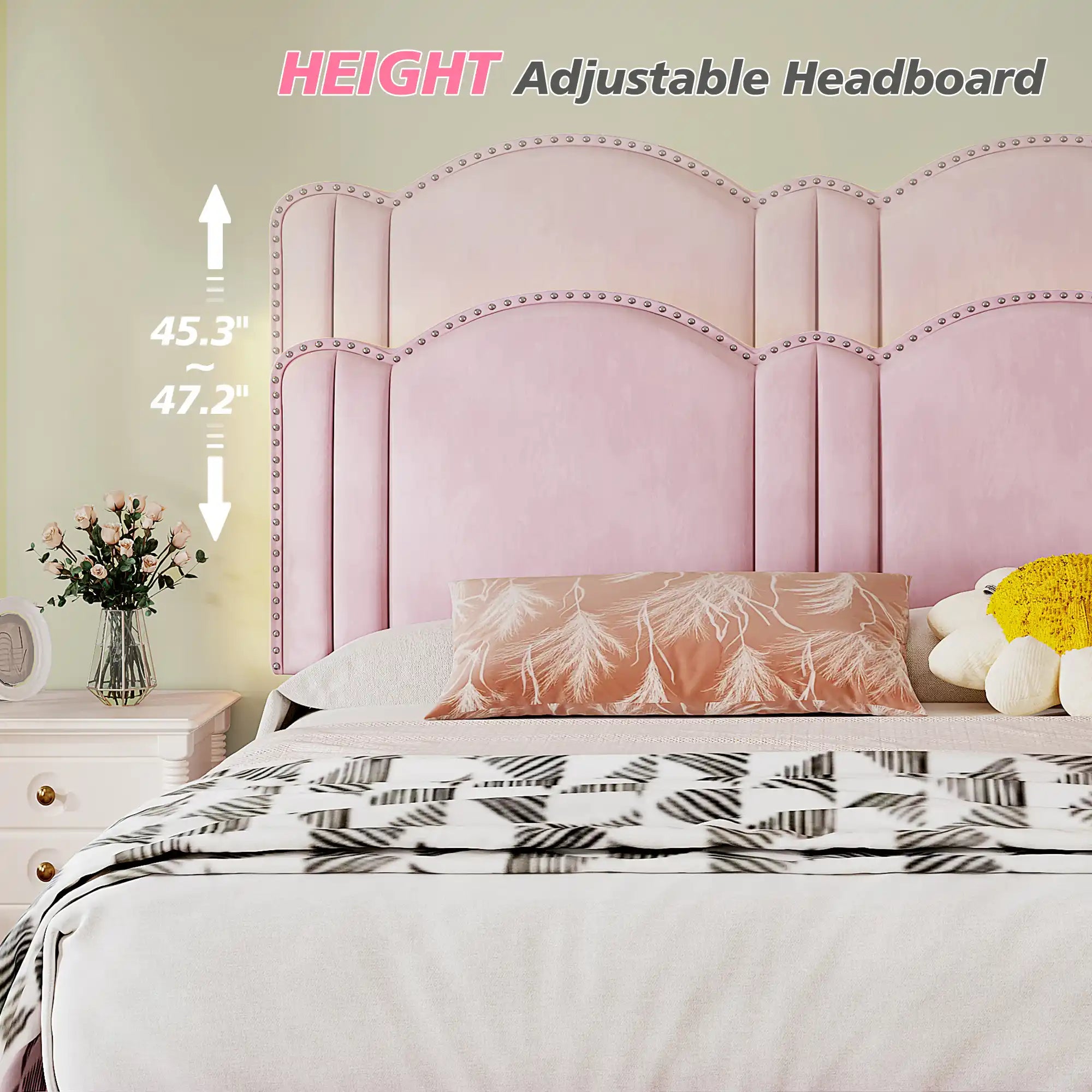900 LBS Bed Frame with Headboard&LED Lights,Adjustable Cute Cloud Headboard,Noise Free&Easy Assembly