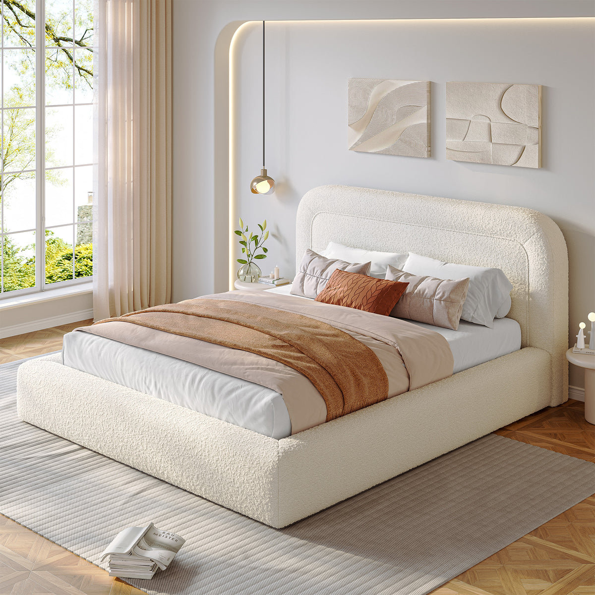 Snhomee White Cloud Upholstered Bed Frame with Headboard – Soft Rounded Corners, Silent & Modern Design for Cozy Bedrooms and Apartments