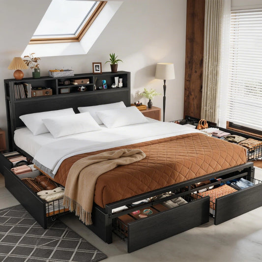 Snhomee Vintage Black Bed Frame with 6 Drawers Underneath & Storage Headboard - Charging Station, No Noise, 1100LBS Capacity 800