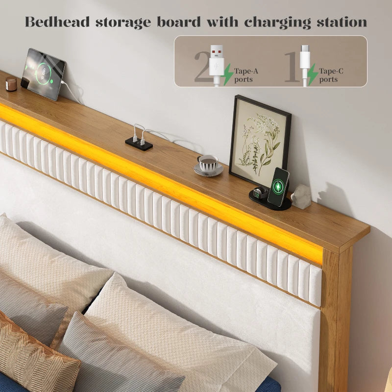 Hidden charging station with AC and USB ports keeps nightstand clutter free on queen bed frame