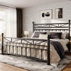Snhomee LED Metal Bed Frame with 54" Tall Headboard & Footboard, Strong Metal Slats, Noise-Free Design, Under Bed Storage & No Box Spring Needed
