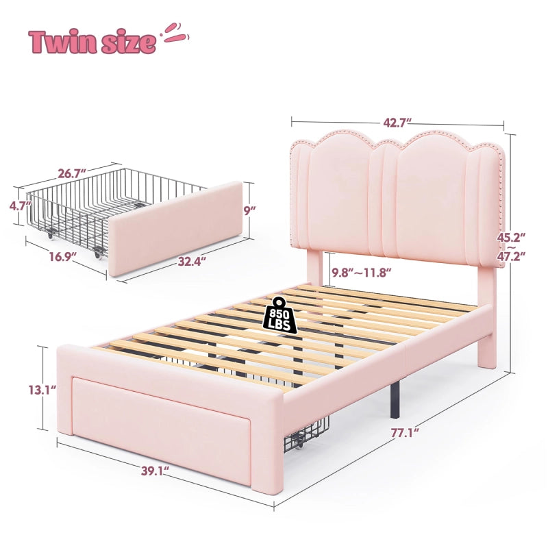 Snhomee Twin Bed Frame with Velvet Upholstered Headboard, LED Lights & Storage Drawers, Adjustable Height, Sturdy No Box Spring Needed, Easy Assembly, Pink
