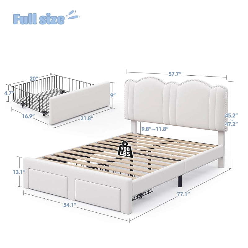 Snhomee Full Size Bed Frame with LED Lights, Velvet Upholstered Headboard, 2 Storage Drawers, Adjustable Height, Strong Support, No Box Spring Needed, Easy Assembly, Cream