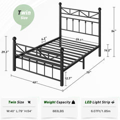 Snhomee 54" LED Metal Bed Frame with Tall Headboard & Footboard, Strong Metal Slats Support and Noise-Free Design with Under Bed Storage & No Box Spring Needed