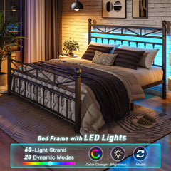 Snhomee LED Metal Bed Frame with 54" Tall Headboard & Footboard, Strong Metal Slats, Noise-Free Design, Under Bed Storage & No Box Spring Needed