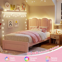 Snhomee Twin Bed Frame with Velvet Upholstered Headboard, LED Lights & Storage Drawers, Adjustable Height, Sturdy No Box Spring Needed, Easy Assembly, Pink
