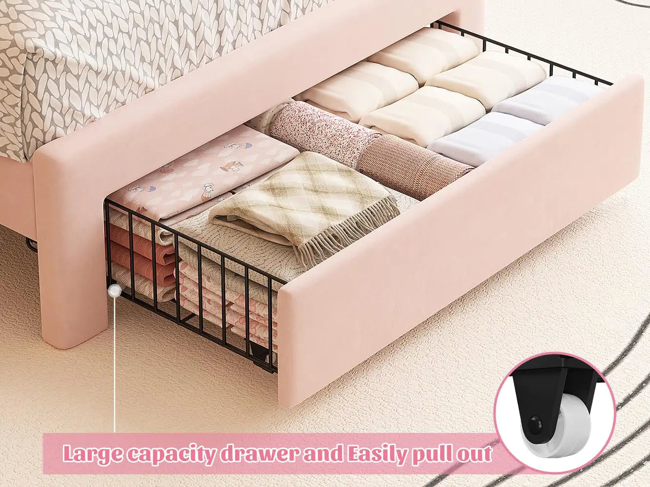 Snhomee Twin Bed Frame with Velvet Upholstered Headboard, LED Lights & Storage Drawers, Adjustable Height, Sturdy No Box Spring Needed, Easy Assembly, Pink