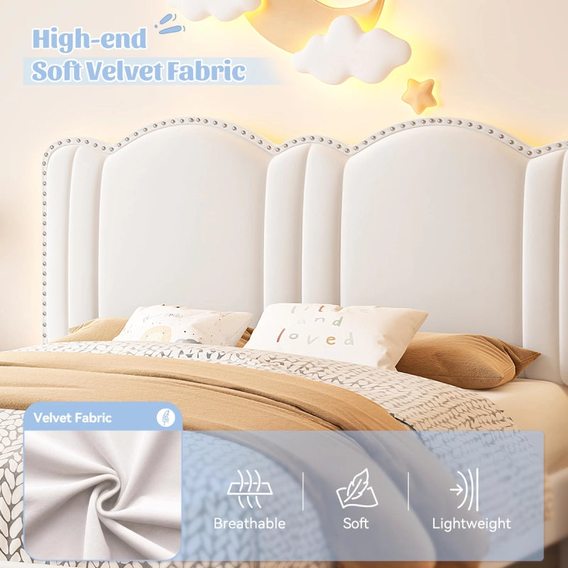 Snhomee Full Size Bed Frame with LED Lights, Velvet Upholstered Headboard, 2 Storage Drawers, Adjustable Height, Strong Support, No Box Spring Needed, Easy Assembly, Cream