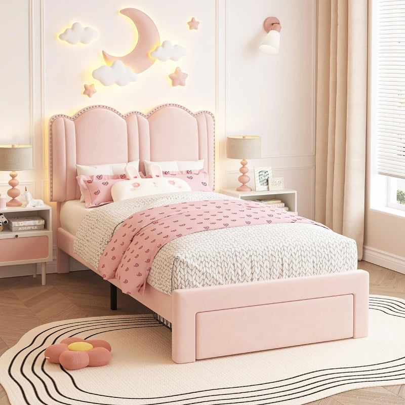 Snhomee Twin Bed Frame with Velvet Upholstered Headboard, LED Lights & Storage Drawers, Adjustable Height, Sturdy No Box Spring Needed, Easy Assembly, Pink