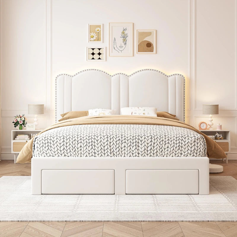 Snhomee Full Size Bed Frame with LED Lights, Velvet Upholstered Headboard, 2 Storage Drawers, Adjustable Height, Strong Support, No Box Spring Needed, Easy Assembly, Cream