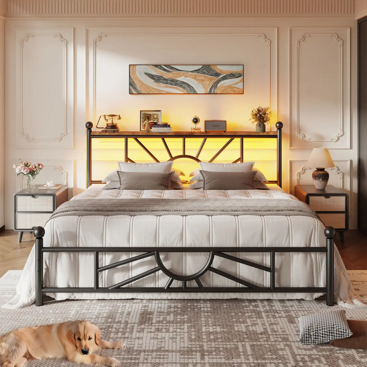 Snhomee Modern Iron Bed with LED headboard, 1300lbs capacity platform, underbed storage, and silent no-box-spring design