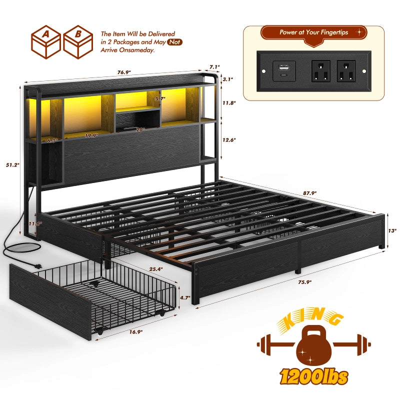 Snhomee Storage Bed Frame with LED Headboard & USB Charging, Platform Bed with 4 Storage Drawer, 1200lbs Capacity, Noiseless Metal Frame