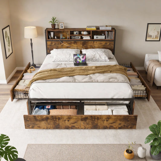 Snhomee Bed Frame with Storage Headboard and 6 Drawers & Charging Station - No Noise, No Box Spring Frames, 1100LBS Capacity 800