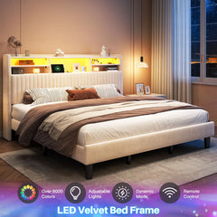 Snhomee Velvet Upholstered Bed Frame with Multi-Tier Storage Headboard, LED Lights & Charging Station,  Noise-Free Heavy-Duty Support, No Box Spring Needed