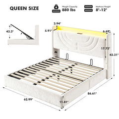 Snhomee Queen Velvet Lift Up Hydraulic Storage Bed Frame with LED Lights & Charging Station, Upholstered Headboard, 880 lbs Heavy-Duty,Noise-Free Platform Bed
