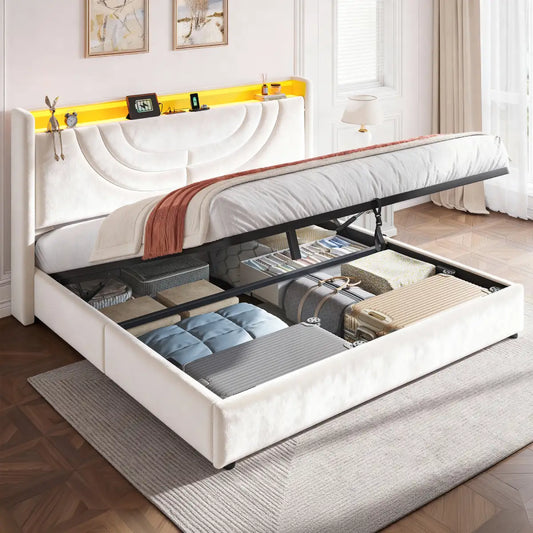 Snhomee Queen Velvet Upholstered Hydraulic Lift-Up Storage Bed Frame with LED Charging Headboard, 880 lbs Heavy-Duty Noise-Free Platform Bed 1200