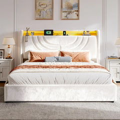 Snhomee Queen Velvet Upholstered Hydraulic Lift-Up Storage Bed Frame with LED Charging Headboard, 880 lbs Heavy-Duty Noise-Free Platform Bed