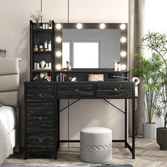 modern vanity desk with lights, 5 fabric drawers & 3-tier shelf, black vanity with hair dryer rack