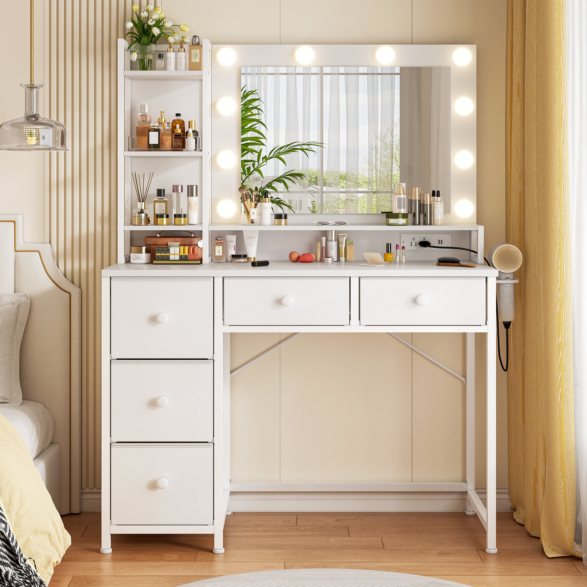 Snhomee Vanity Desk with Mirror&Lights, Makeup Vanity with 5 Fabric Drawers, Charging Port & Hair Dryer Rack, for Bedroom or Dressing Room White Snhomee Vanity Desk with Mirror&Lights, Makeup Vanity with 5 Fabric Drawers, Charging Port & Hair Dryer Rack, for Bedroom or Dressing Room White