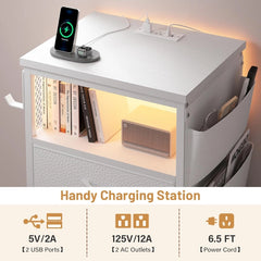 Snhomee Nightstand with 5 Drawers, Narrow and Tall Nightstand with Charging Station & LED Lights, Modern Nightstands for Bedroom, Dorm, Apartment, Small Spaces