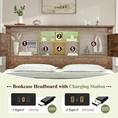 Snhomee Platform Bed with 2 Footboard Drawers, 54.4" Tall Storage Headboard, RGB LED Lights & Charging Station, Farmhouse Style