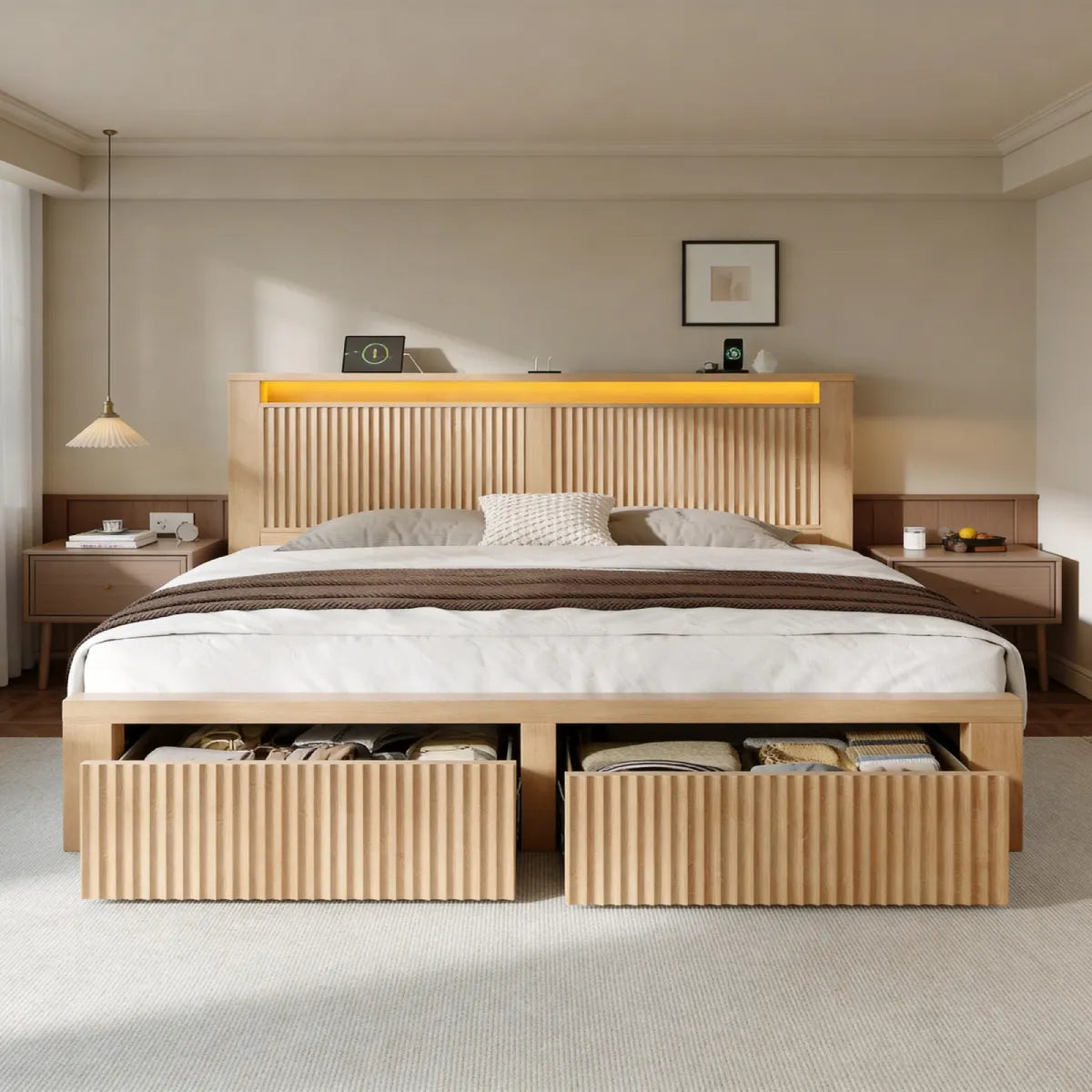 Snhomee Fluted Wooden Platform Bed Frame with Tall Headboard, 2 Storage Drawers, LED Lights & Charging, 800 LBS Weight Capacity, Noise-Free, No Box Spring Needed, Farmhouse Style