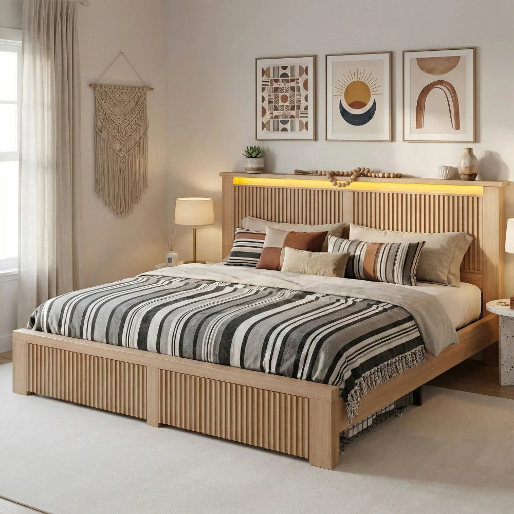 Fluted Frame Snhomee Fluted Wooden Platform Bed Frame with Storage Drawers, LED ...