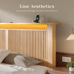 Snhomee Fluted Wooden Platform Bed Frame with Tall Headboard, 2 Storage Drawers, LED Lights & Charging, 800 LBS Weight Capacity, Noise-Free, No Box Spring Needed, Farmhouse Style