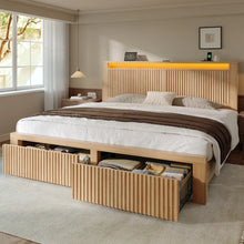 Snhomee Fluted Wooden Platform Bed Frame with Tall Headboard, 2 Storage Drawers, LED Lights & Charging, 800 LBS Weight Capacity, Noise-Free, No Box Spring Needed, Farmhouse Style