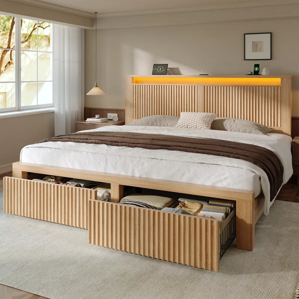 Snhomee Fluted Wooden Platform Bed Frame with Tall Headboard, 2 Storage Drawers, LED Lights Charging, 800 LBS Weight Capacity, Noise-Free, No Box Spring Needed, Farmhouse Style