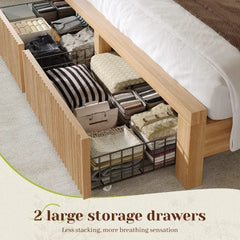 Snhomee Fluted Wooden Platform Bed Frame with Tall Headboard, 2 Storage Drawers, LED Lights & Charging, 800 LBS Weight Capacity, Noise-Free, No Box Spring Needed, Farmhouse Style