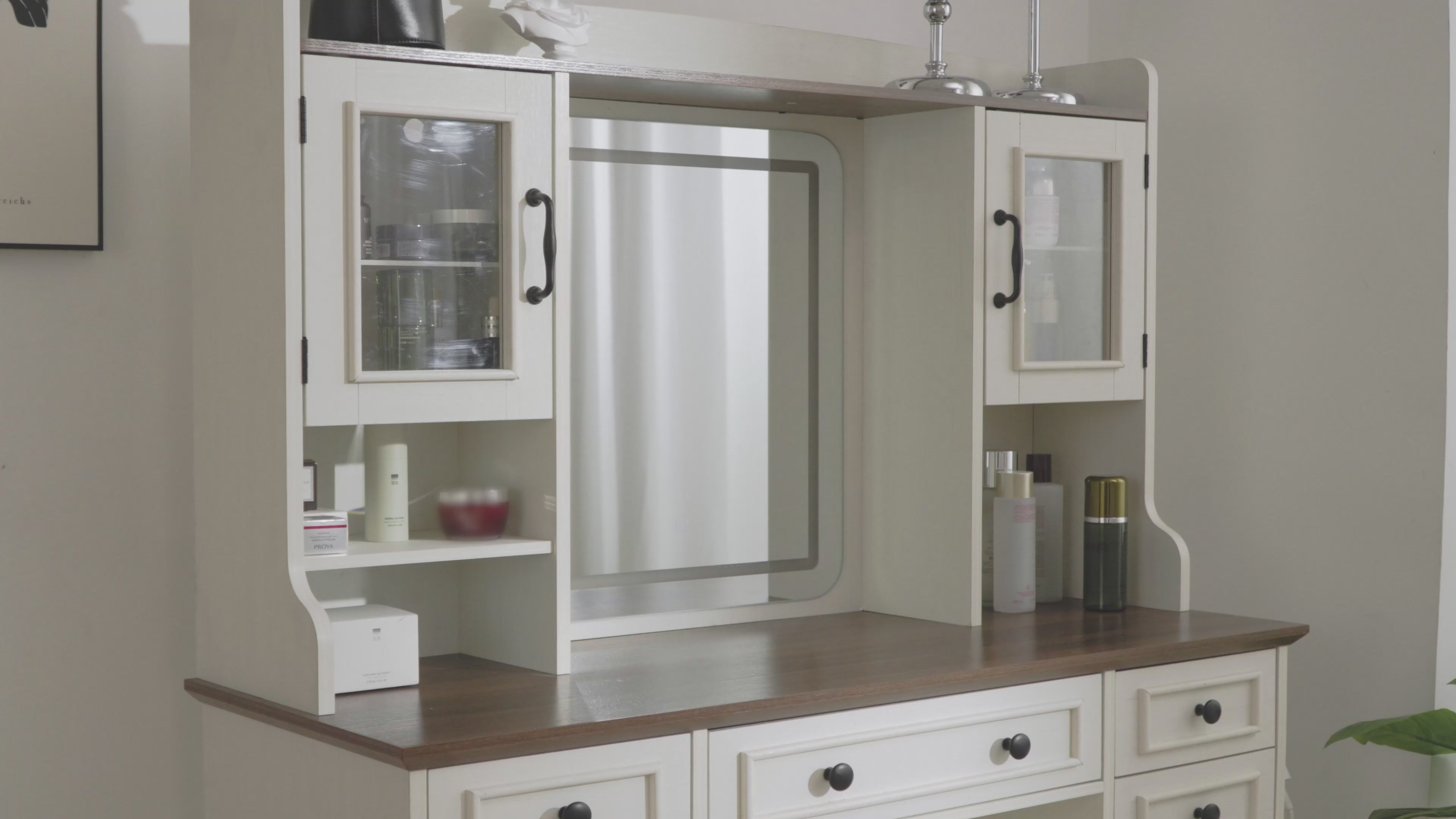 Snhomee Farmhouse Makeup Vanity Desk with LED Mirror & RGB Cabinets – Storaging with Drawers & Shelves, Ideal for Organizing Seasonal Skincare in Bedroom or Dressing Room