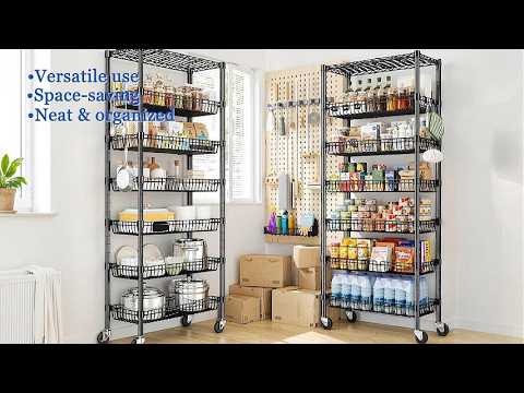 Snhomee 7‑Tier Rolling Wire Shelving with Basket & Locking Wheels, 610 lbs, 30 Inch Wide,  4 Side Hooks, Adjustable Storage Rack for Pantry Kitchen Commercial Use