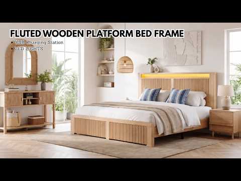 Snhomee Fluted Wooden Platform Bed Frame with 2 Storage Drawers & Tall Headboard, LED Lights, Charging Station, 800 LBS Capacity, Noise-Free, No Box Spring Needed, Modern Farmhouse Style