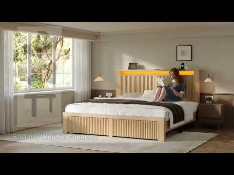 Snhomee Wood Fluted Platform Bed Frame with 2 Storage Drawers, LED Storage Headboard & Charging Station, 800 lbs Support, No Box Spring Needed