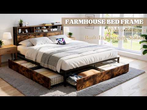 Snhomee Bed Frame with Storage Headboard and 6 Drawers & Charging Station - No Noise, No Box Spring Frames, 1100LBS Capacity