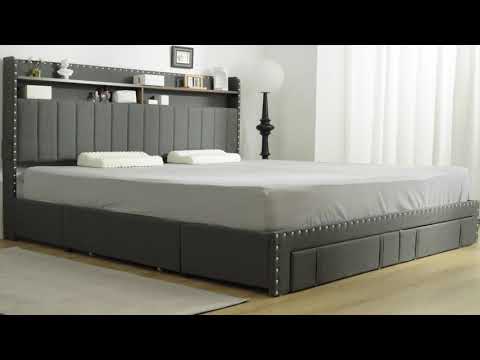 Snhomee Heavy Duty Platform Bed Frame with Storage Drawers - Silent 1200LB Capacity, No Box Spring Needed, Upholstered Headboard