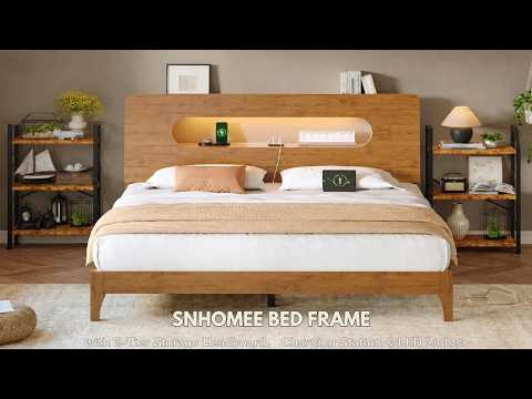 Snhomee Solid Wood Bed Frame with LED Lights & Charging Station,700 LBS Bed Frame with Storage Headboard, Noise-Free