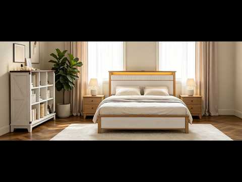 Snhomee Solid Wood Bed Frame with Upholstered Headboard,800 LBS Bed Frame with LED Lights & Charging Station, Noise-Free