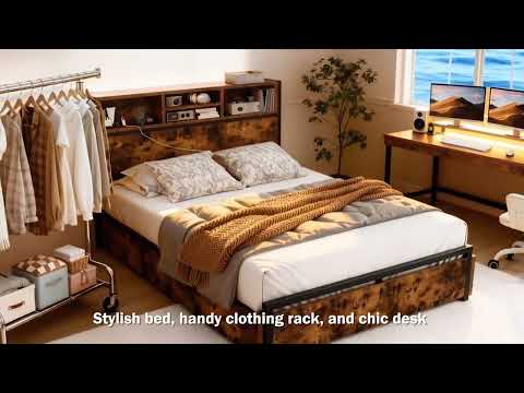 Snhomee Bed Frame with Storage Headboard and 6 Drawers & Charging Station - No Noise, No Box Spring Frames, 1100LBS Capacity