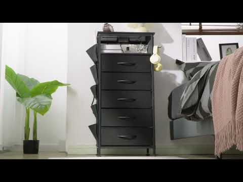 Snhomee Tall LED Nightstand with 5 Drawers, Charging Station & Extra Storage Bag - for Bedroom, Dorm, Apartment & Small Spaces