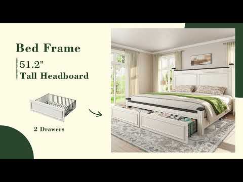 Snhomee Bed Frame with 51.25" H Headboard and Storage Drawers, Modern Bed Frame with Storage ,NO Noise, No Box Spring Needed, White