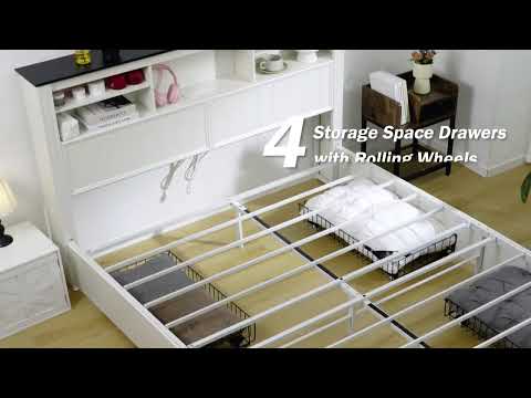 Snhomee White Platform Storage Bed Frame with 4 Drawers, Modern Farmhouse Bed with Black Accents, LED Charging Headboard, 900 lbs Support, No Box Spring Required