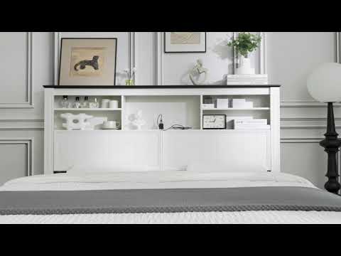 Snhomee Heavy Duty Bed Frame with LED Headboard & Storage - 900LB Capacity Platform Bed with Charging Station & 4 Underbed Drawers, No Box Spring Needed, Farmhouse